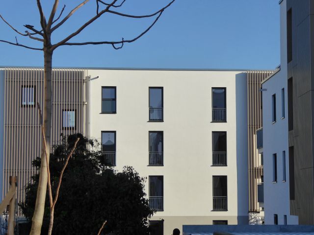 Modernes Wohngebäude mit weißer Fassade, großen vertikalen Fenstern, Holzelementen und klarer minimalistischer Architektur.