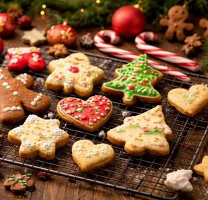 Dekorierte Weihnachtsplätzchen in verschiedenen Formen auf einem Abkühlgitter, umgeben von Weihnachtsdekoration.