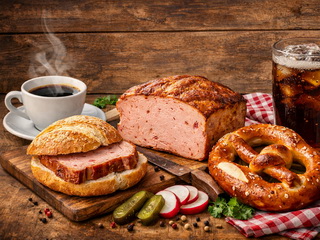 Rustikale Brotzeit mit Leberkäse, Brezel, Radieschen, Gewürzgurken sowie Kaffee und Cola auf Holzuntergrund.